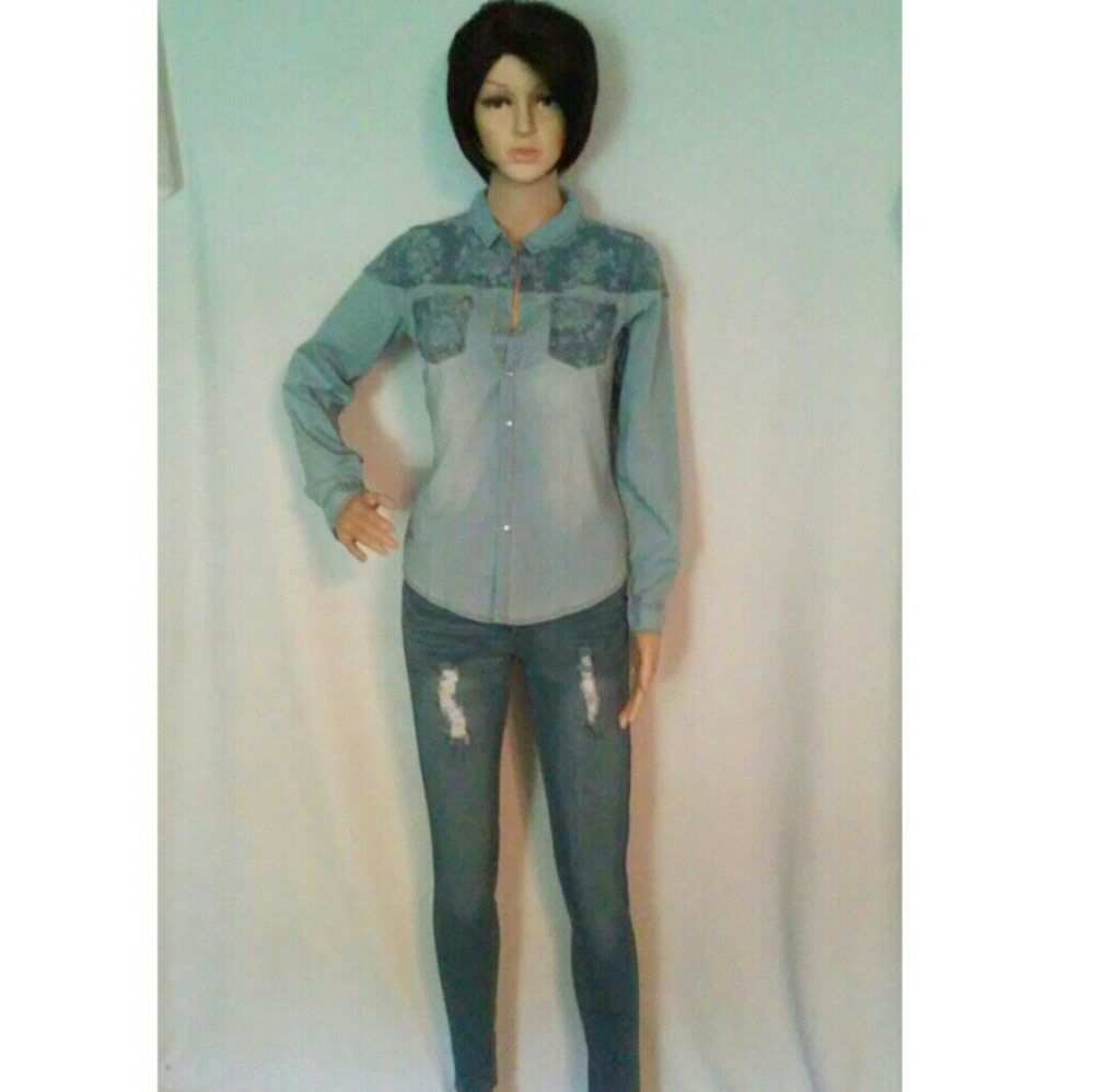Light Blue Lace Yoke Button-Down Shirt